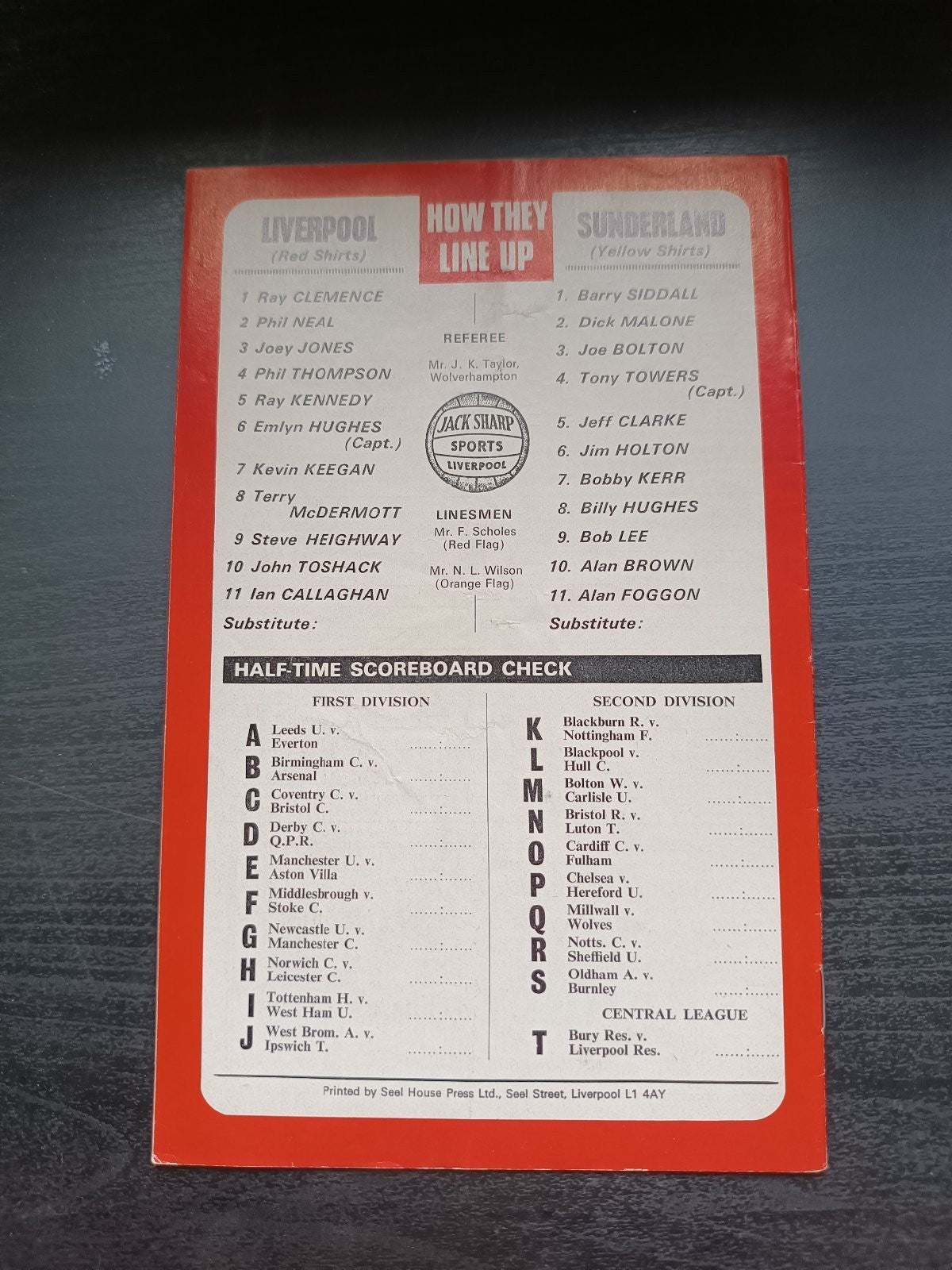 programma calcio Liverpool V Sunderland 1st 1977