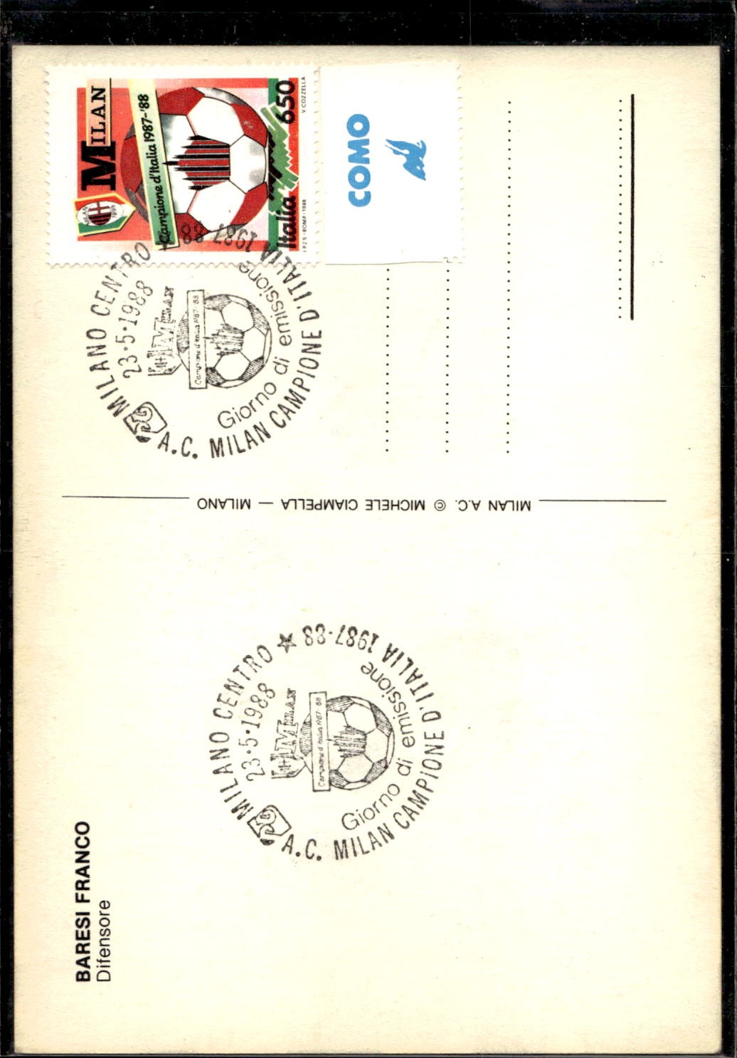 cartolina postcard calcio Milan Franco Baresi 1988 con Autografo