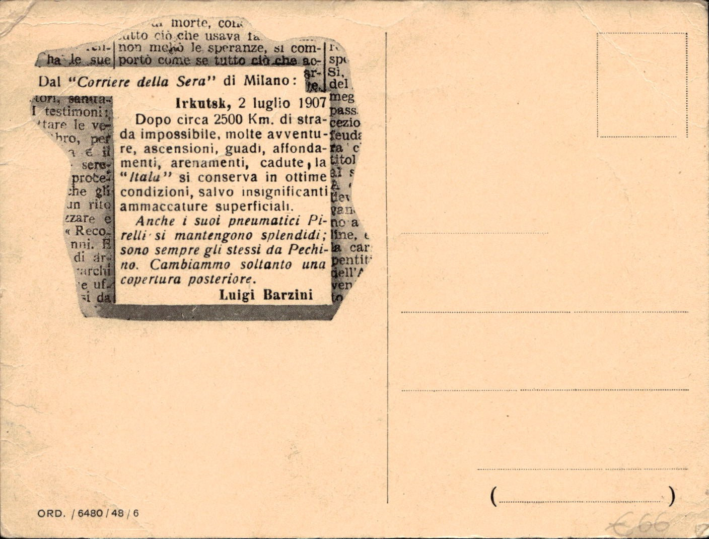 cartolina postcard Automobilismo Corsa Pechino - Parigi 1907