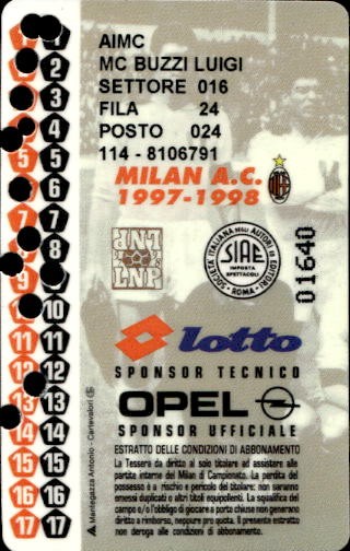 Biglietto stadio Milan A.C 1997-1998 n 01640