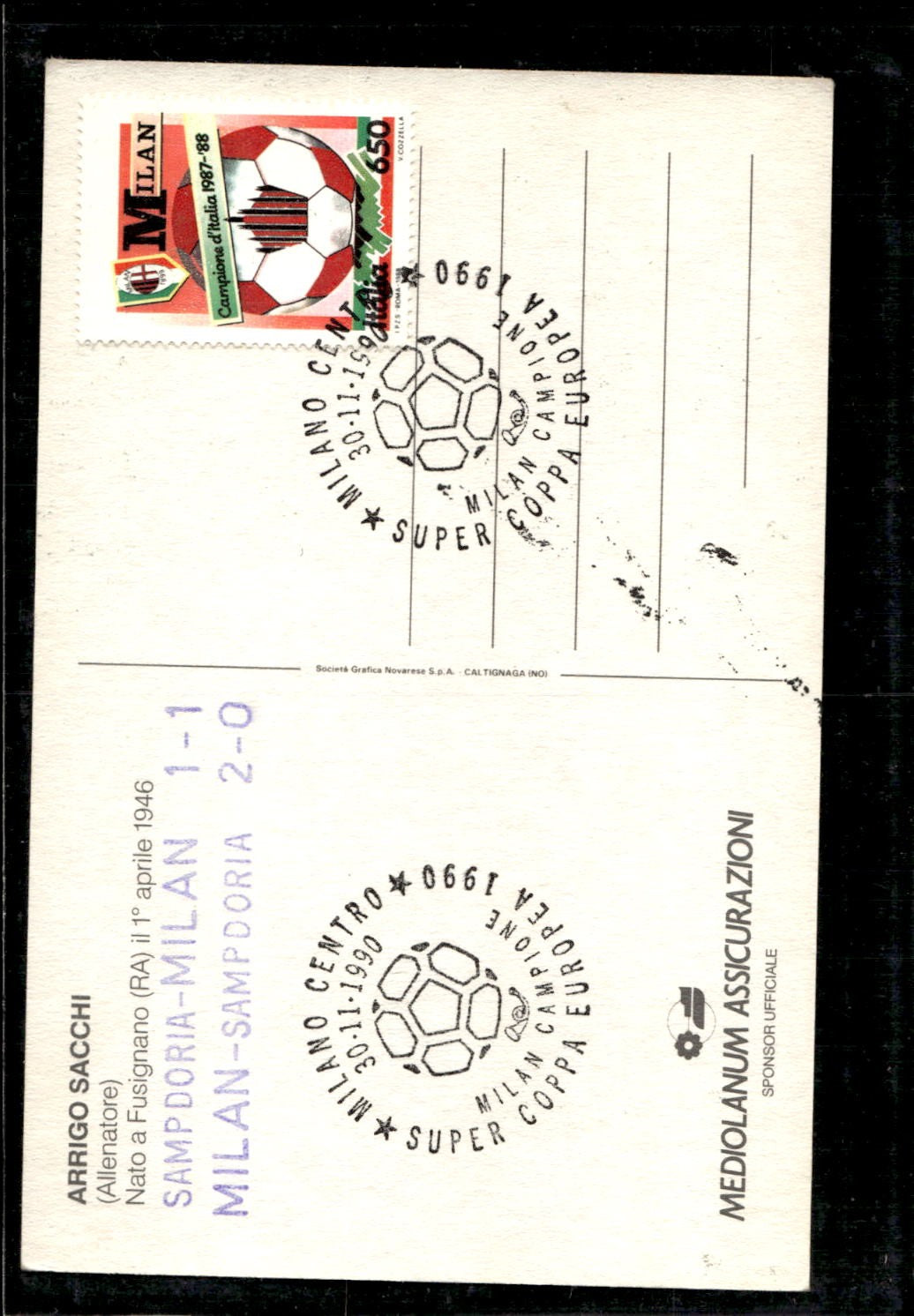 cartolina postcard Calcio Milan con Autografo Arrigo Sacchi 1990