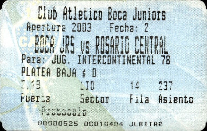 biglietto stadio BOCA JRS VS ROSARIO CENTRAL 2003 INTERCONTINENTAL 78 N 10404