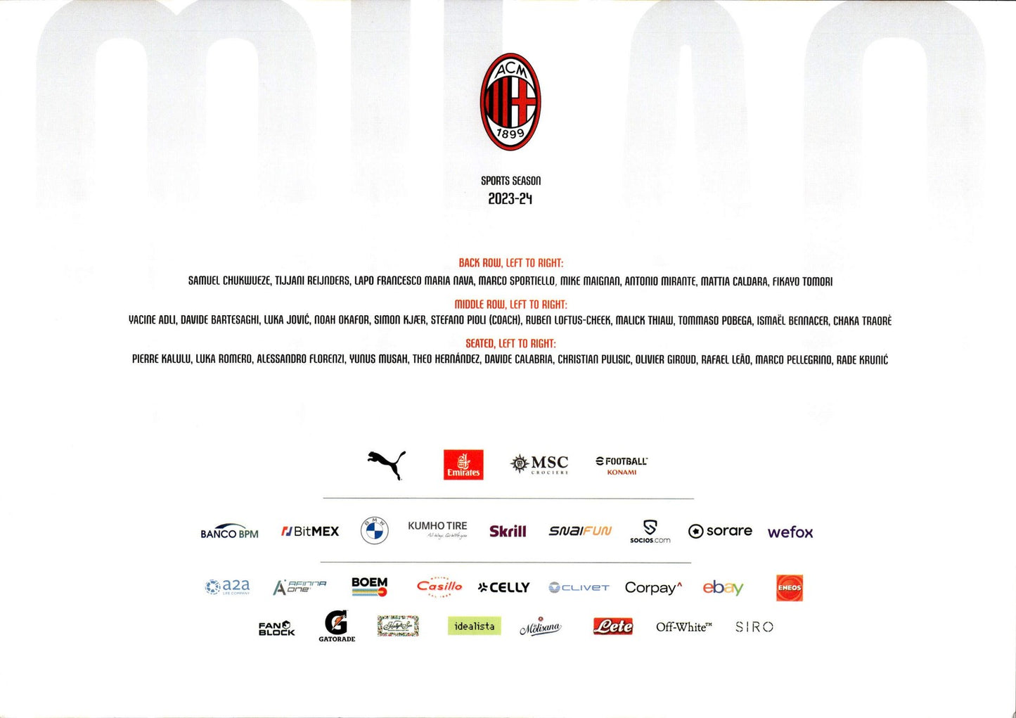 cartolina postcard calcio MILAN 2023-2024
