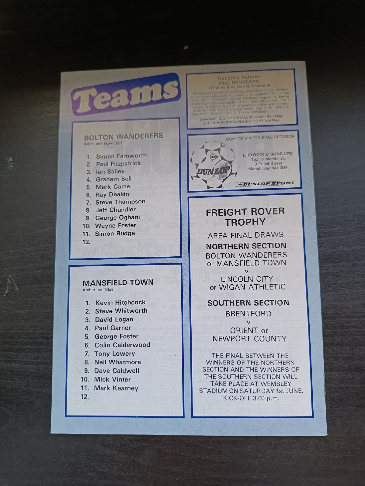 programma calcio Bolton Wanderers V Mansfield Town 8th 1985