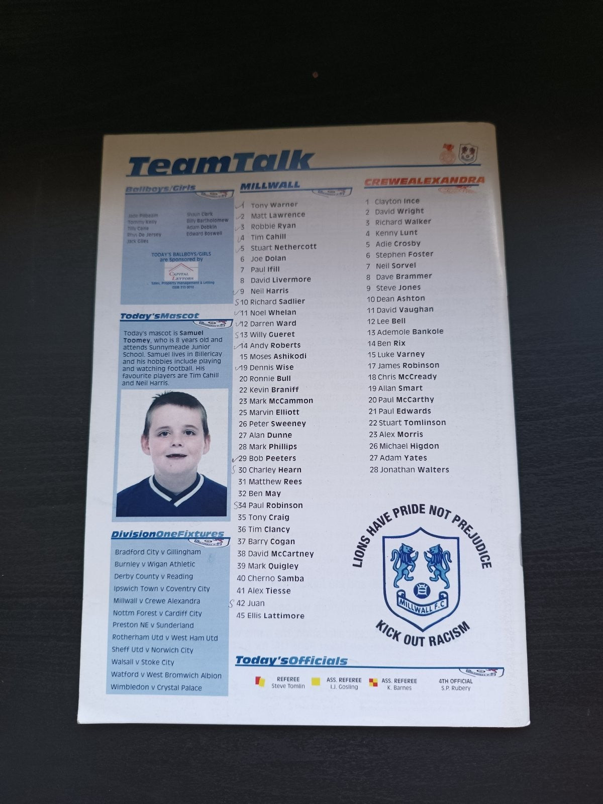 programma calcio The Lions V Crewe Alexandra 23rd 2003