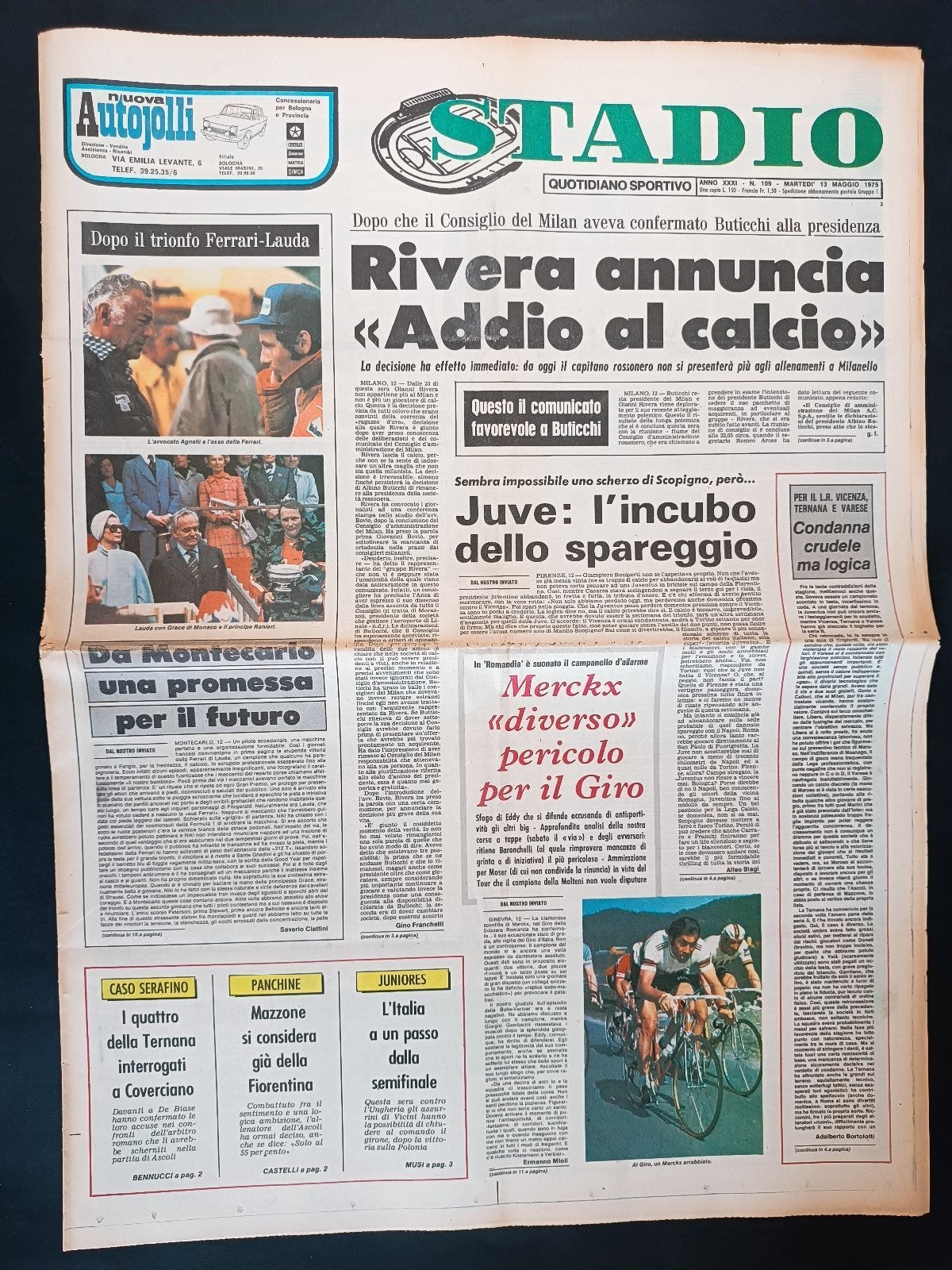 Quotidiano Sportivo STADIO numero 109 anno 1975 - Rivera addio al calcio