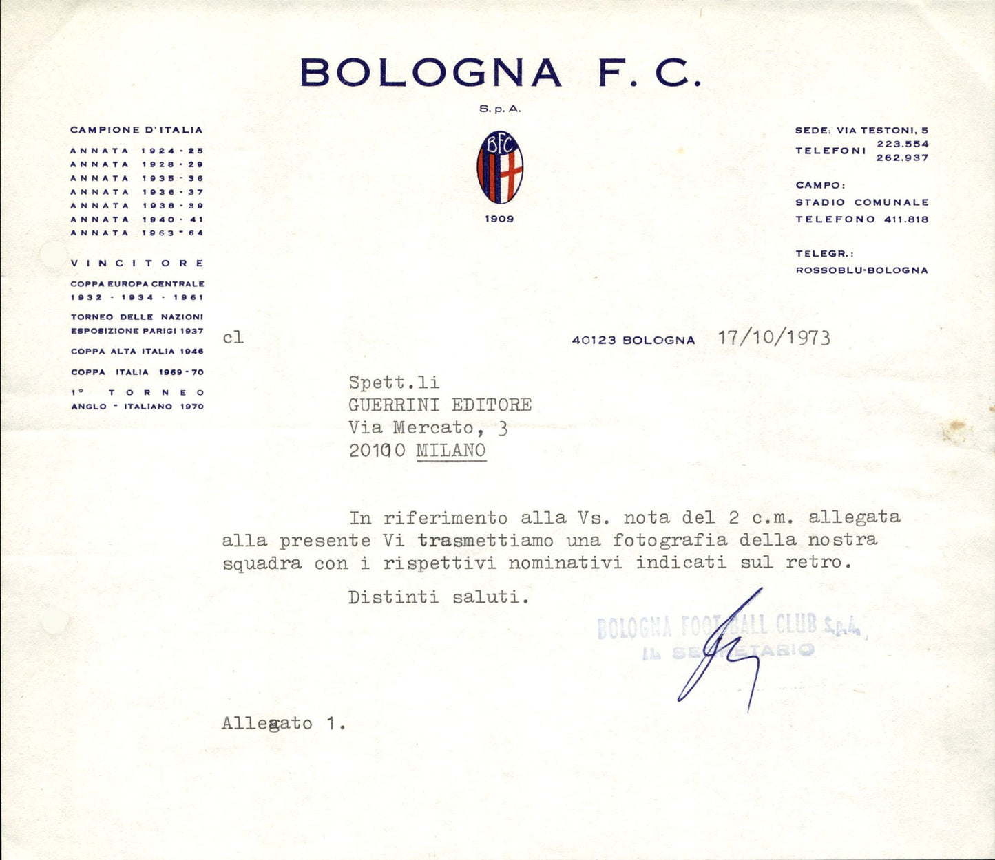 carta intestata societ� sportiva Bologna FC 1973 02