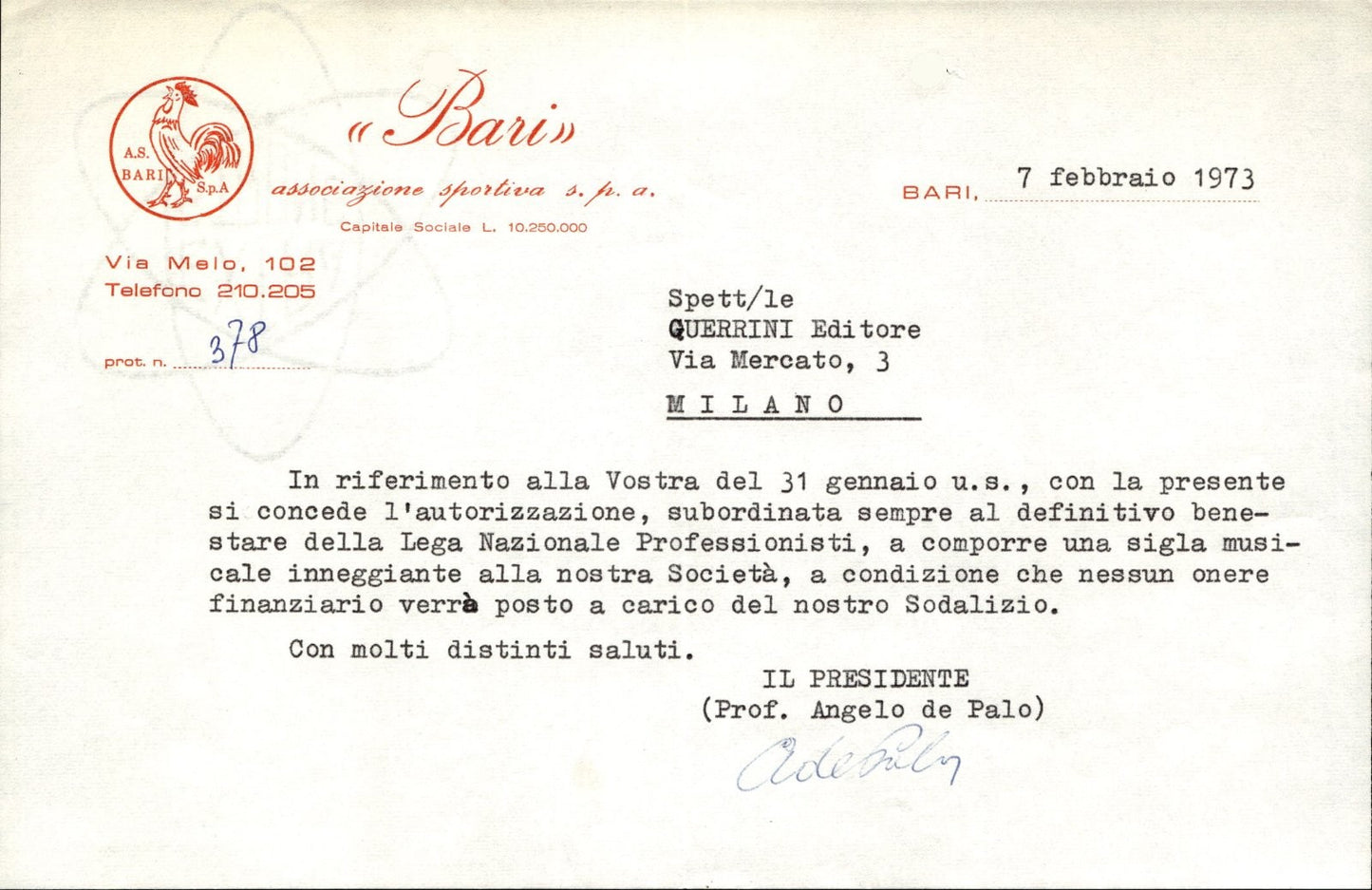 carta intestata societ� sportiva Bari Spa 1973 01