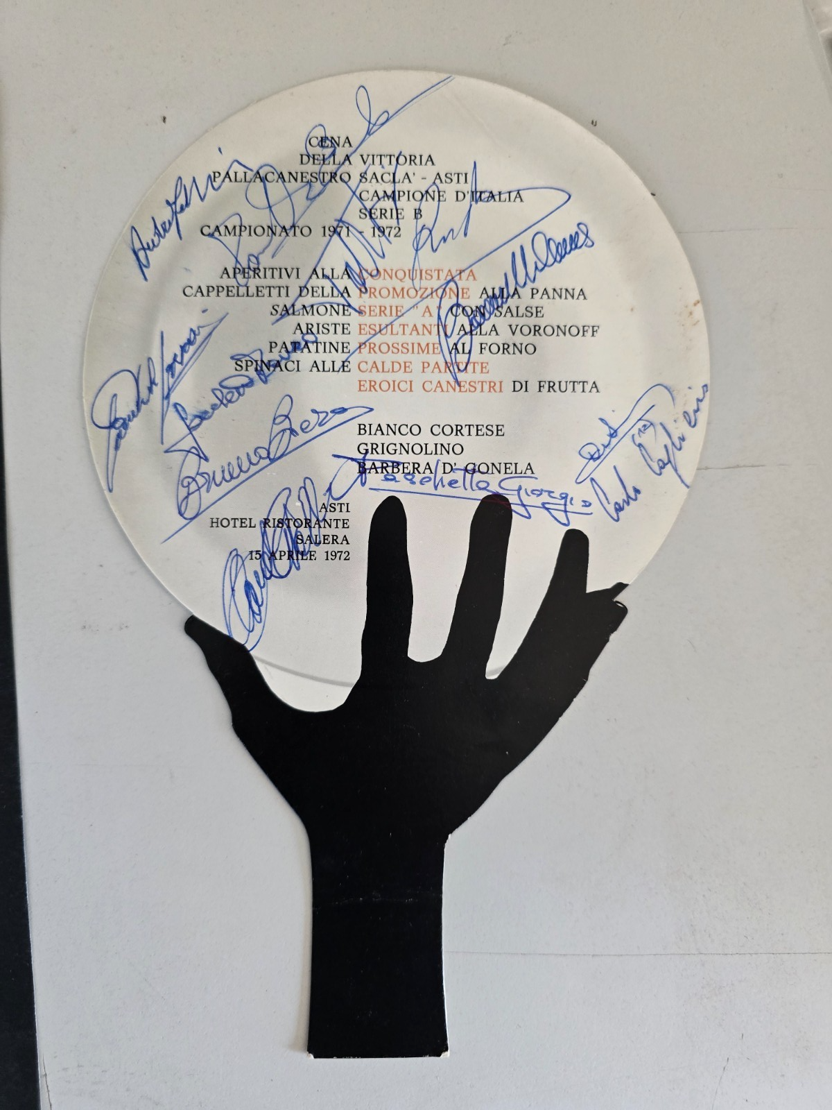 Menu' Cena vittoria Campionato Serie B SACLA' Asti Basket 1971/72 Autografato