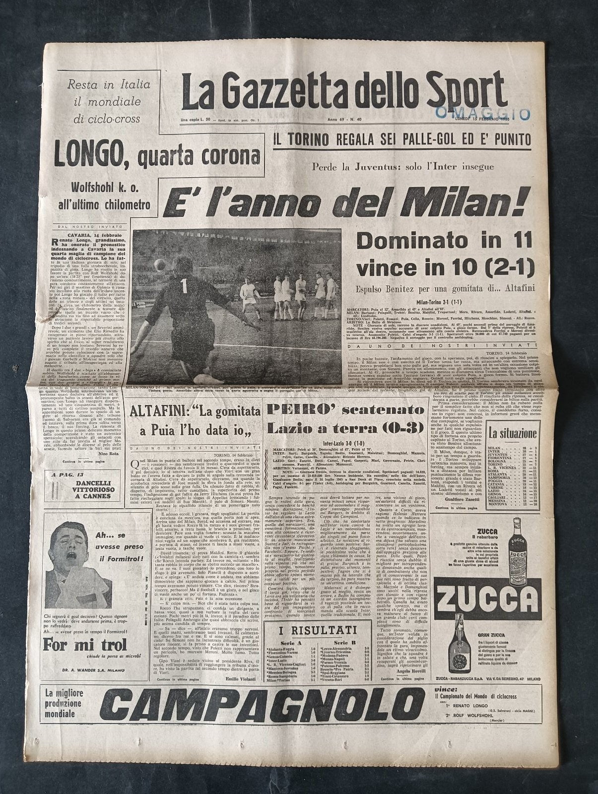 Quotidiano LA GAZZETTA DELLO SPORT n 40 15/02/1965 Longo