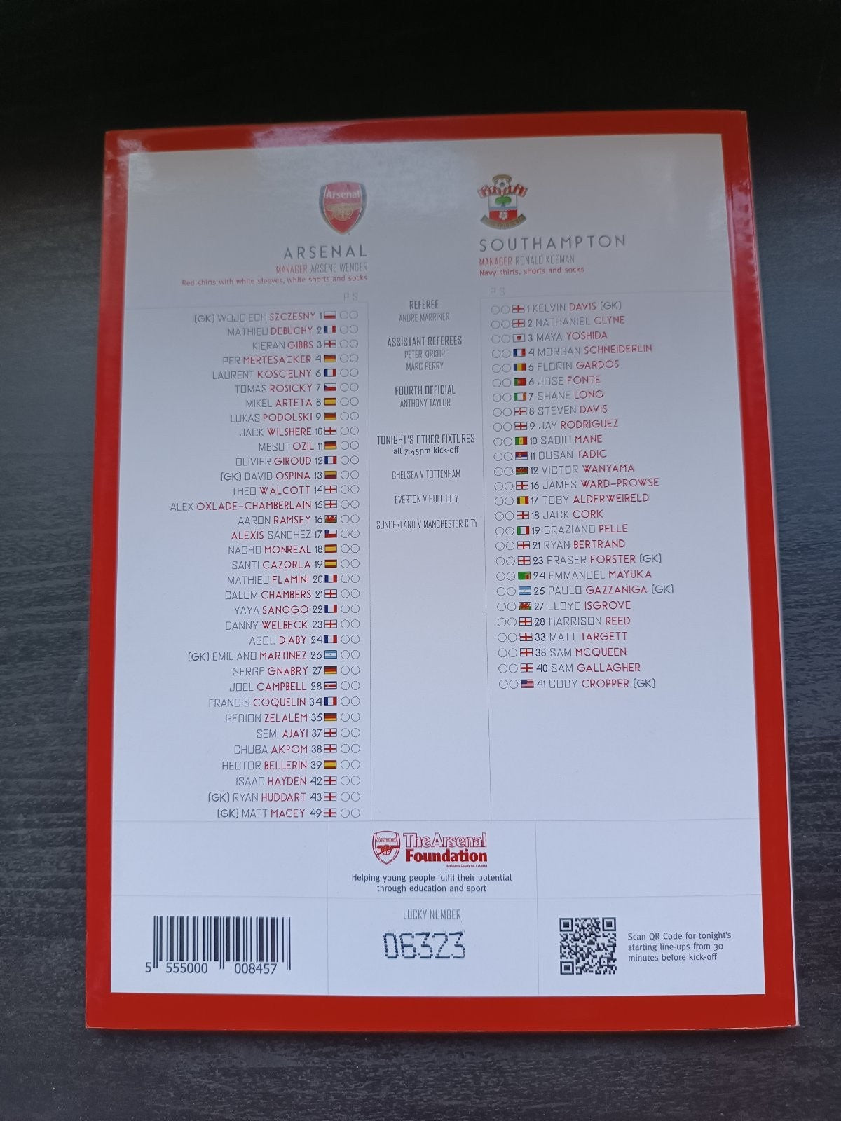 programma calcio Arsenal V Southampton 3rd 2014