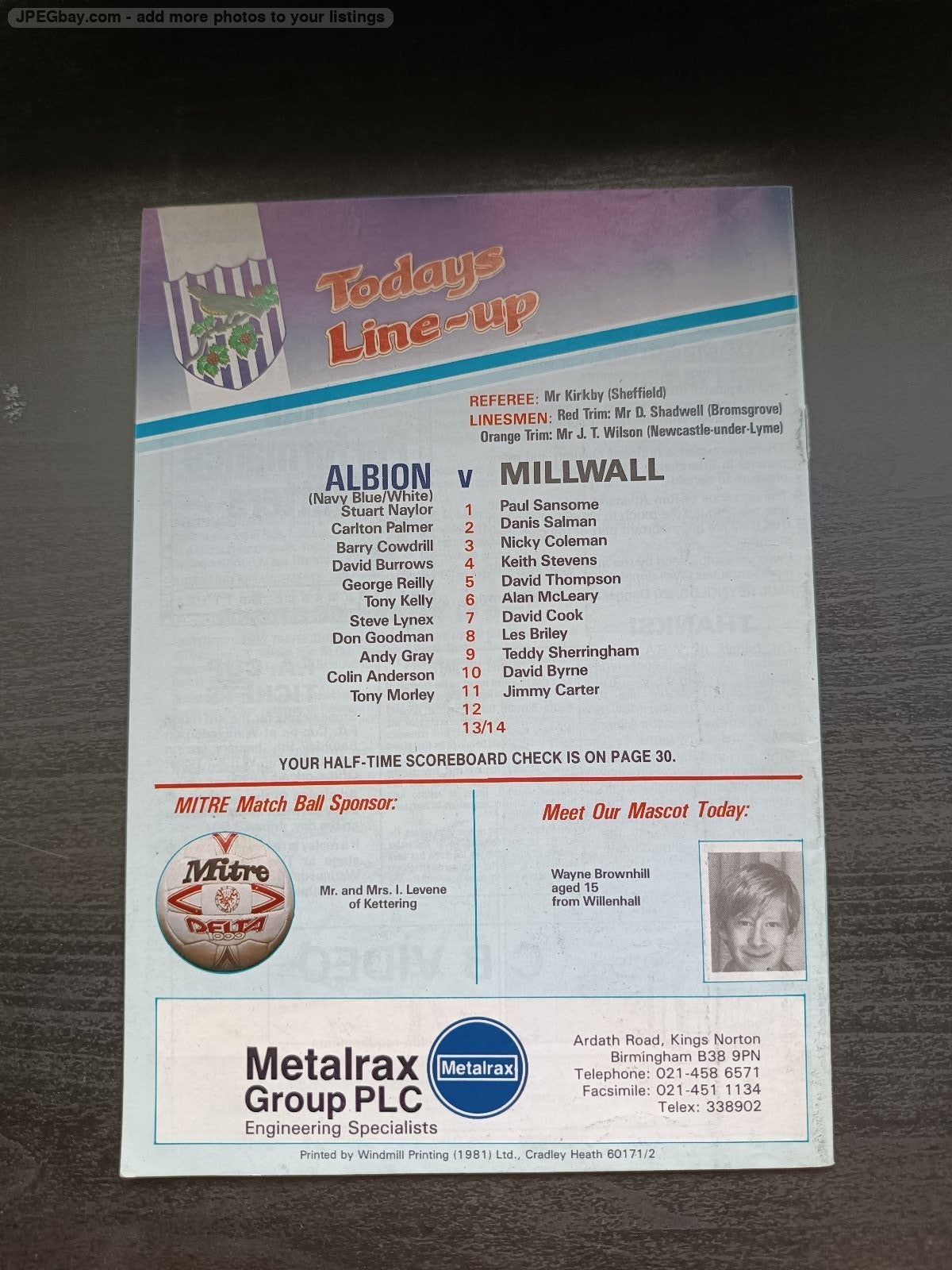 programma calcio West Bromwich Albion V Millwall 26th 1987