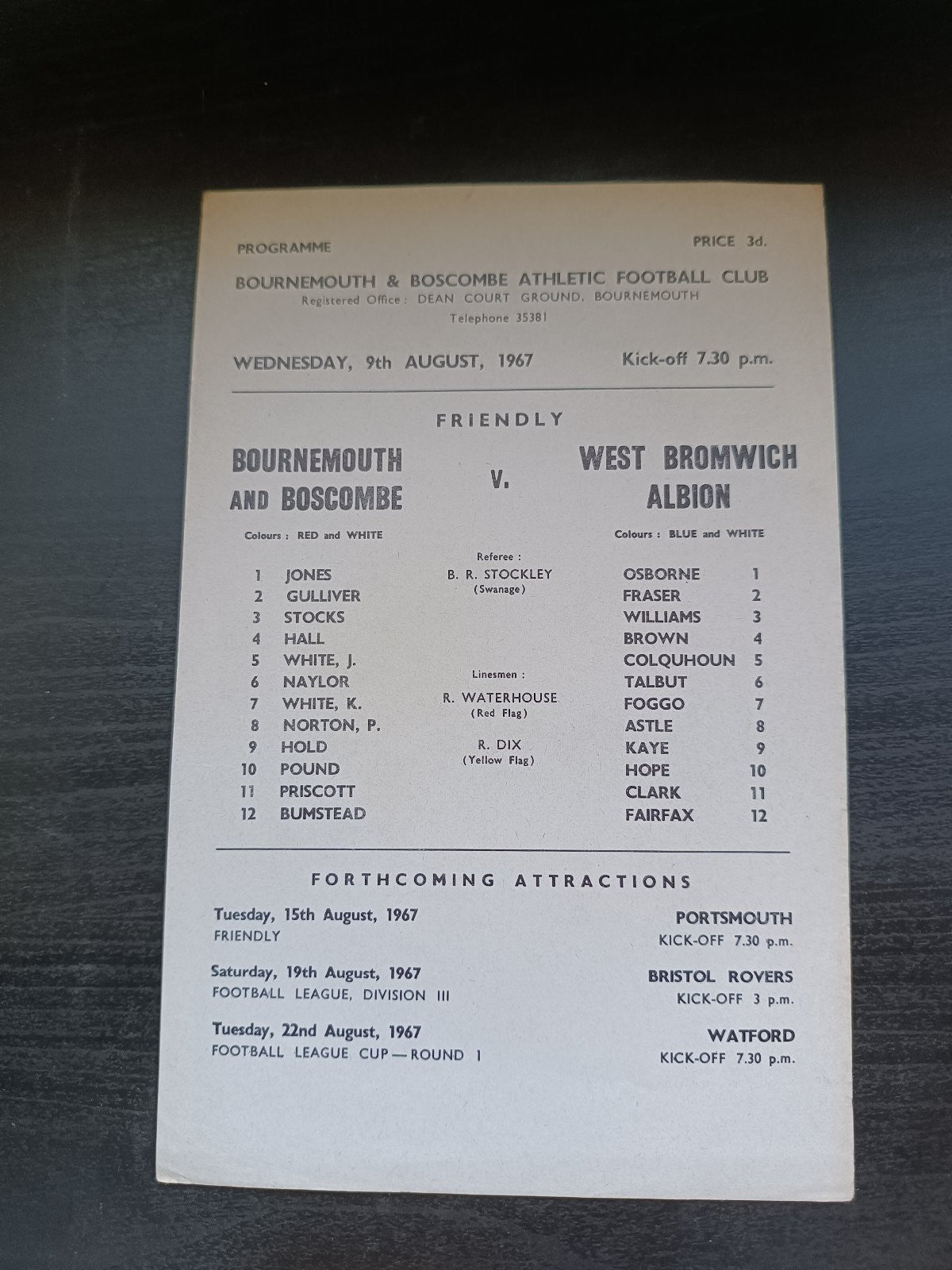 programma calcio Bournemouth V West Bormwich Albion 9th 1967