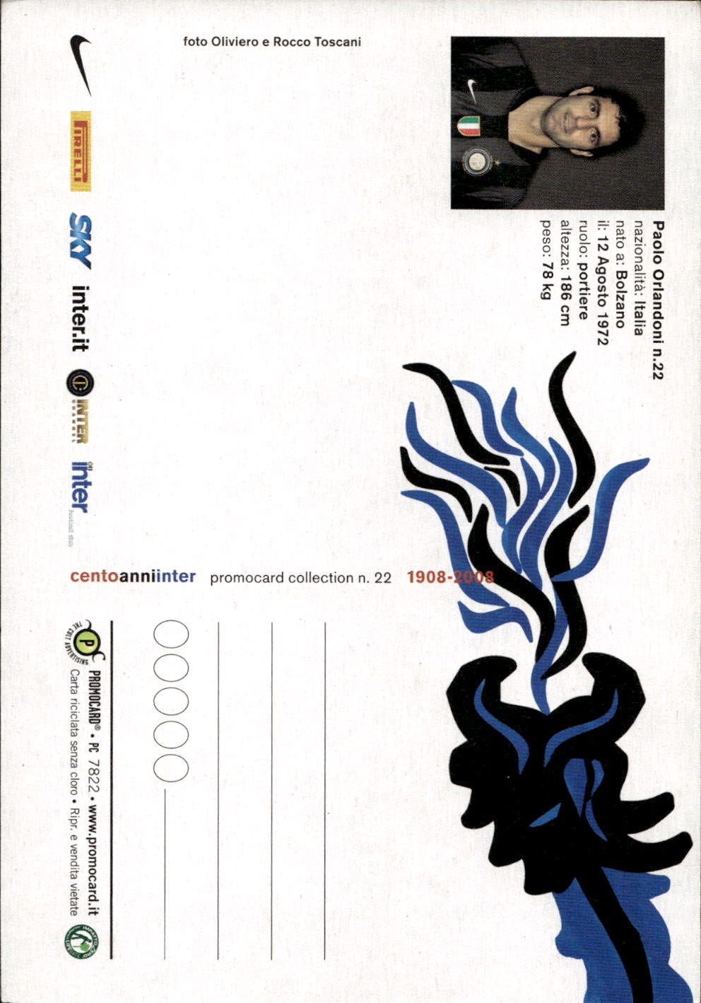 cartolina calciatori 100 anni Inter Orlandoni