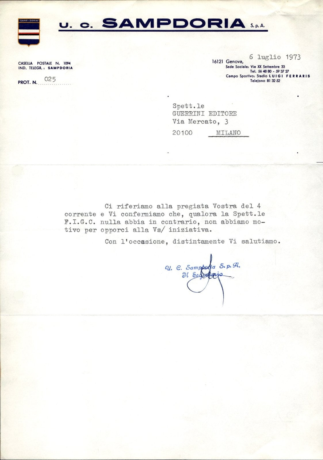 carta intestata societ� sportiva U.C. Sampdoria SPA 1973 03