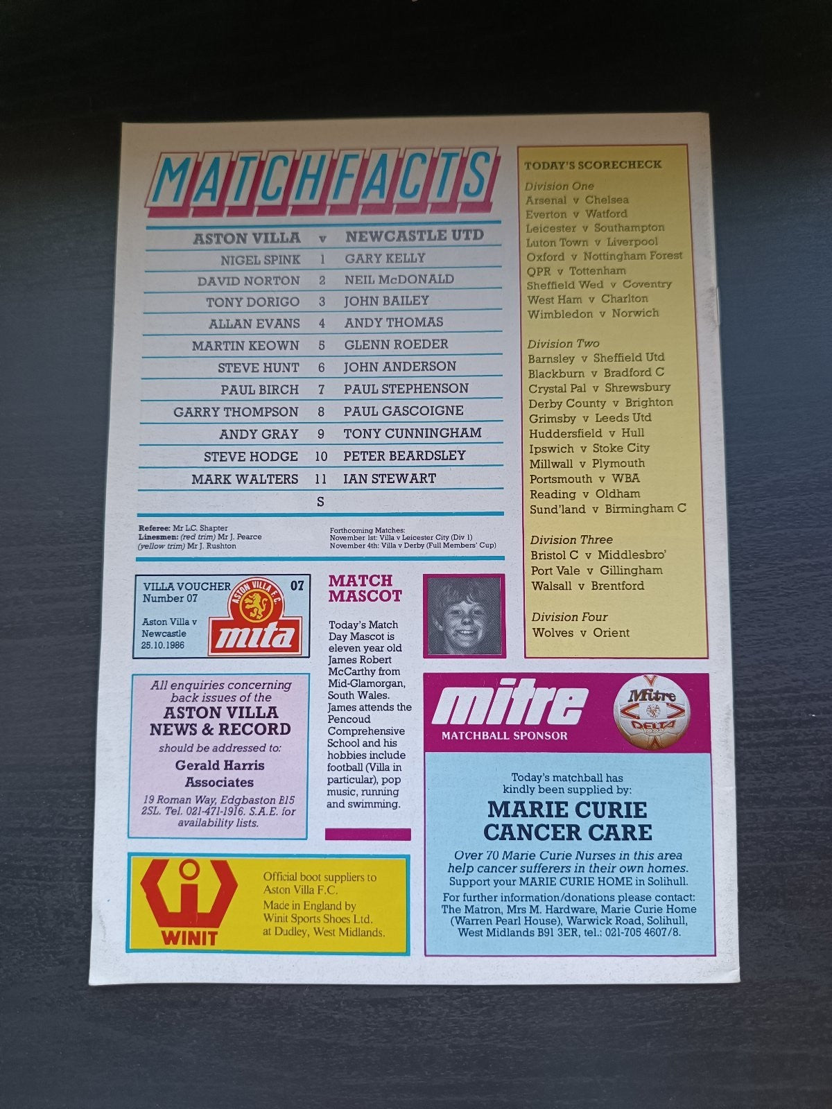 programma calcio Aston Villa V Newcastle United 25th 1986