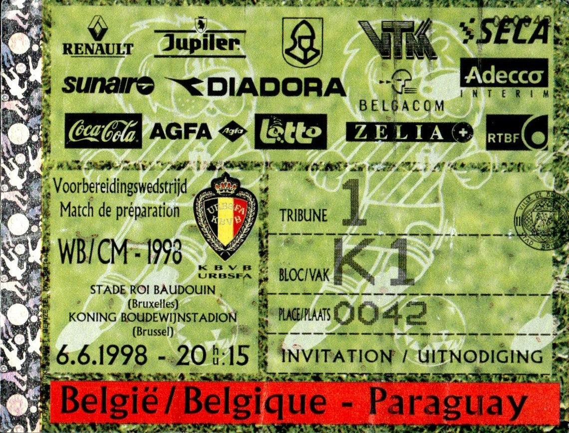biglietto stadio BELGIE-PARAGUAY 6/6/1998