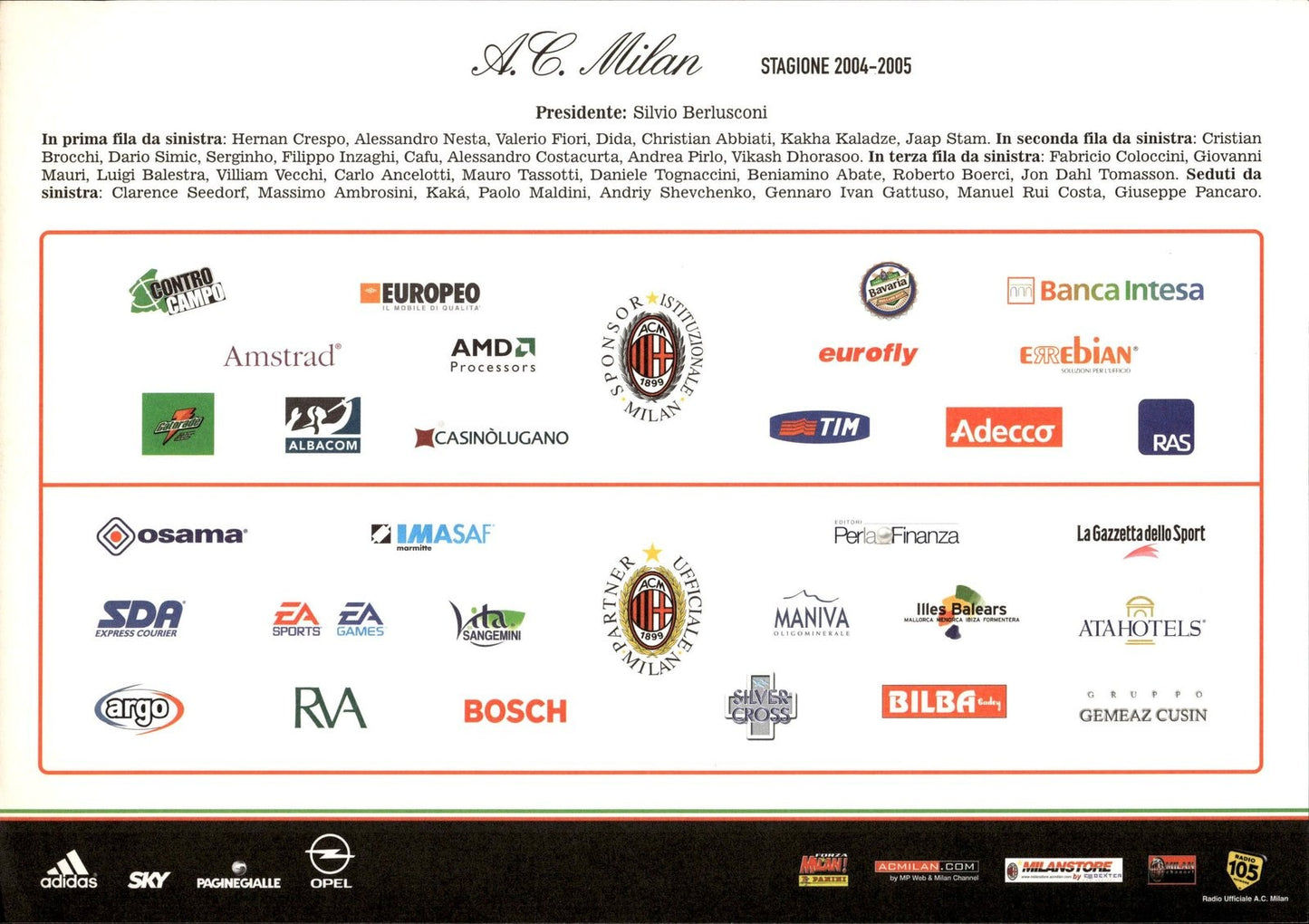 cartolina postcard calcio MILAN 2004-2005 (sponsor)