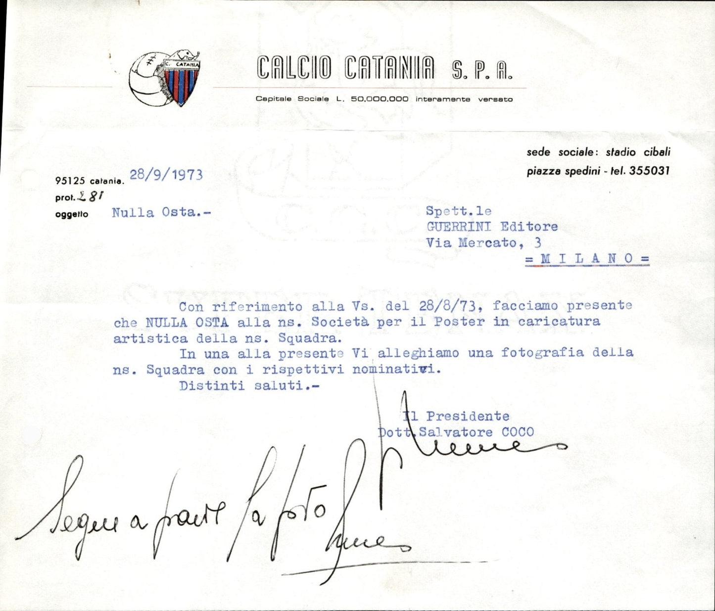 carta intestata societ� sportiva U.S. Catania Spa 1973 03