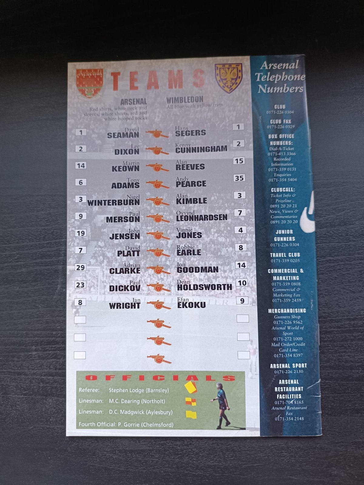 programma calcio Arsenal V Wimbledon 30th 1995