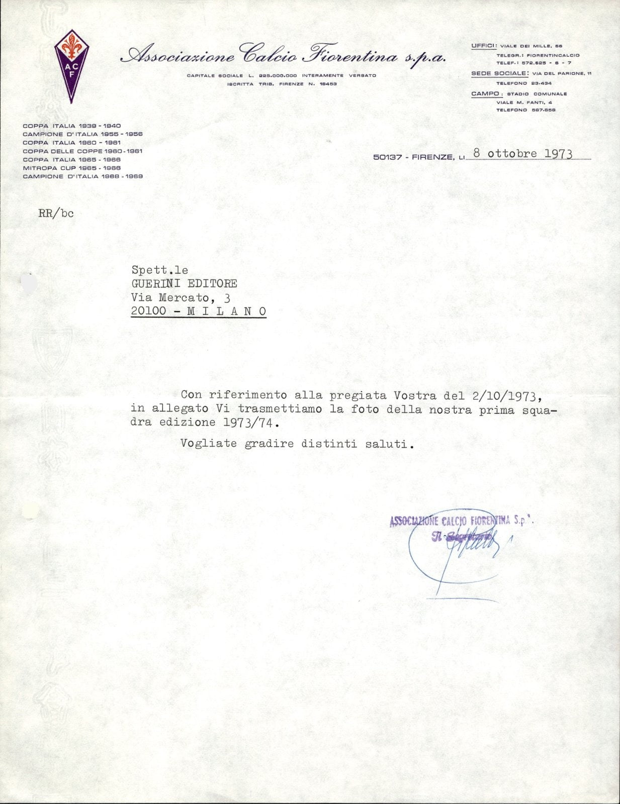 carta intestata societ� sportiva Calcio Fiorentina Spa 1972 03