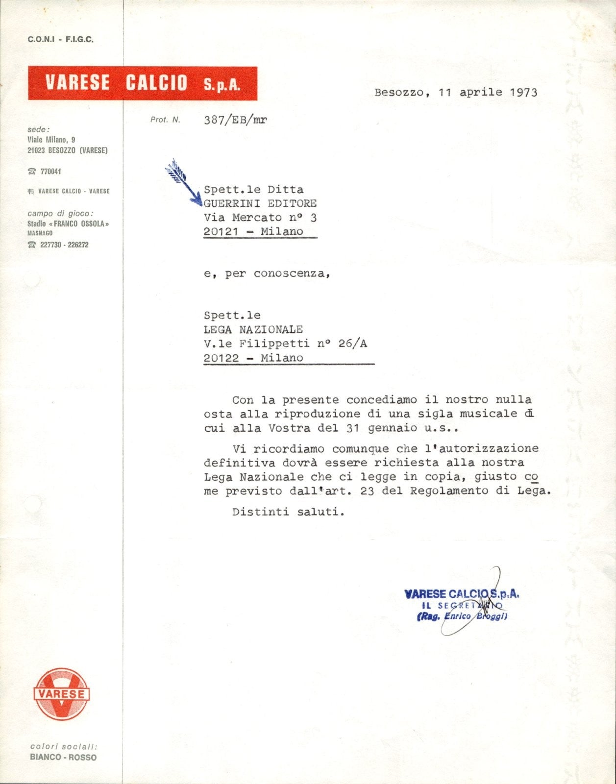 carta intestata societ� sportiva Varese Calcio Spa 1973 02