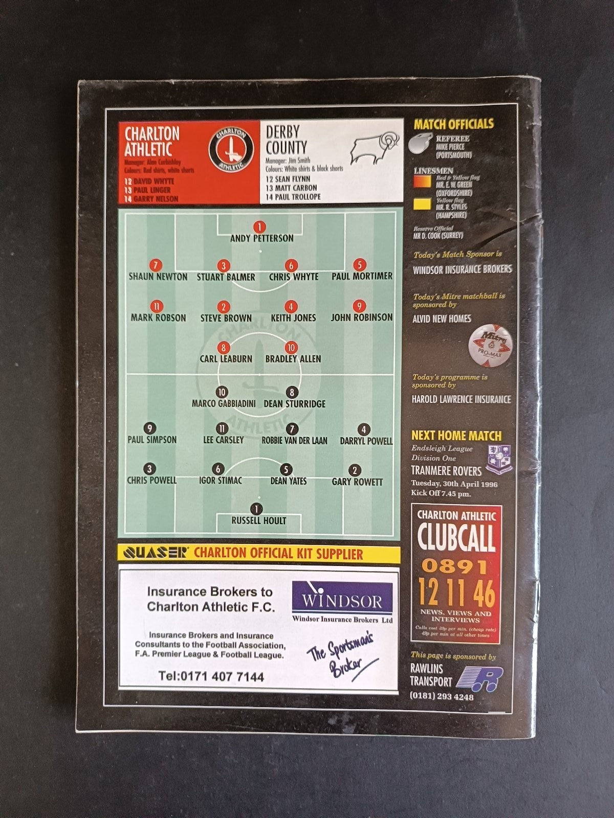 programma calcio Charlton Athletic vs Derby County 1996