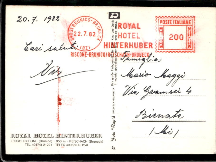 Cartolina Royal Hotel Hinterhuber Riscone Nils Liedholm autografo