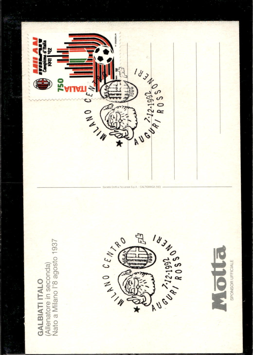 cartolina postcard calcio Milan Italo Galbiati 1992