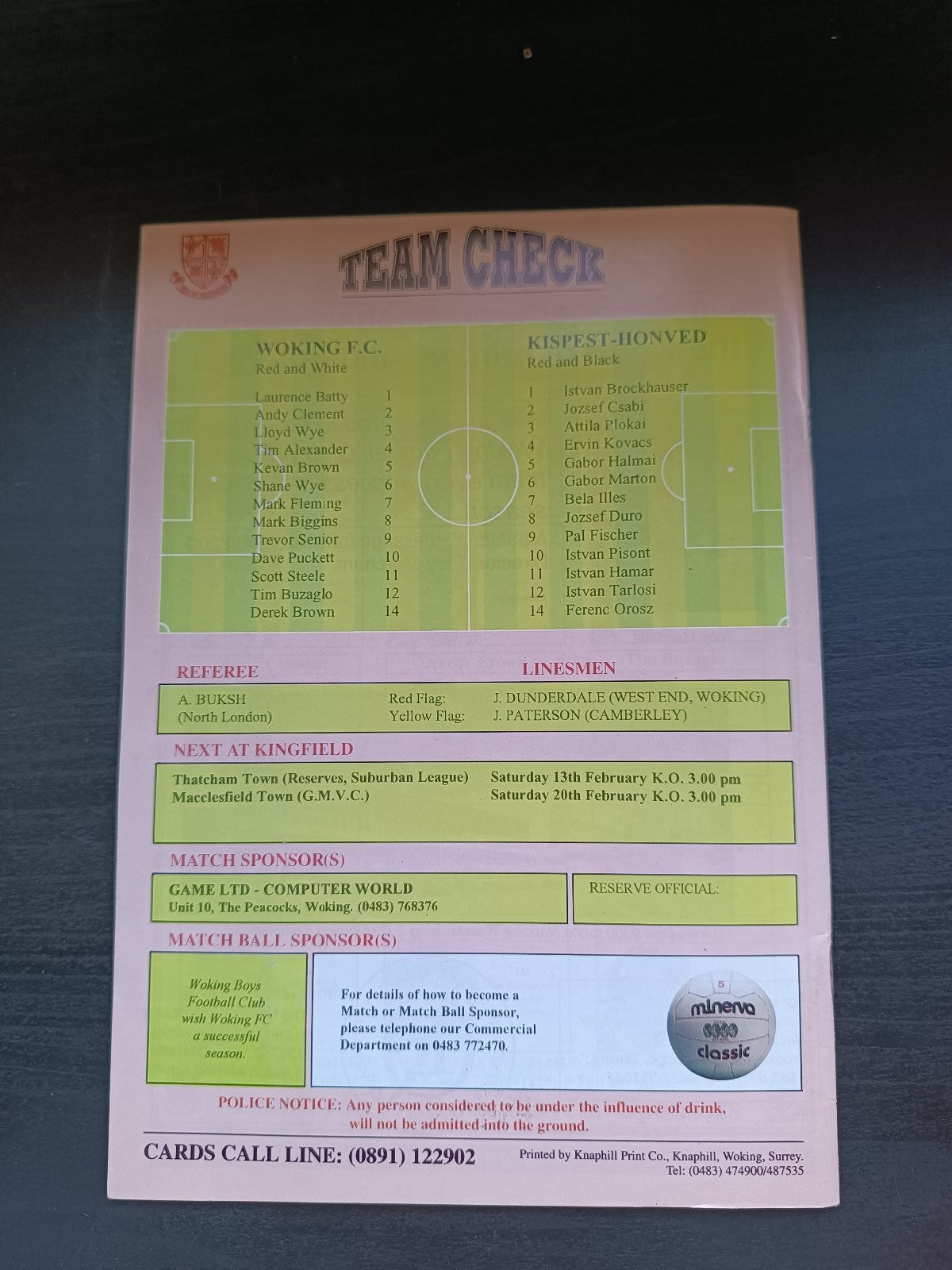 programma calcio Woking V Kispest-Honved 8th 1993