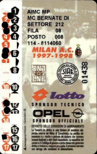 Biglietto stadio Milan A.C 1997-1998 n 01438