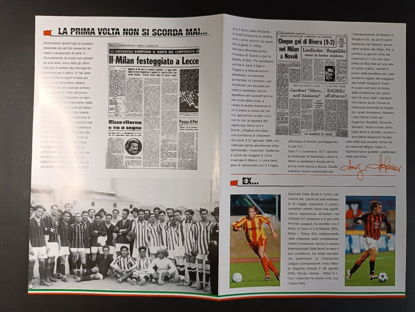 volantino incompleto pre-partita MILAN - LECCE con firma autografo