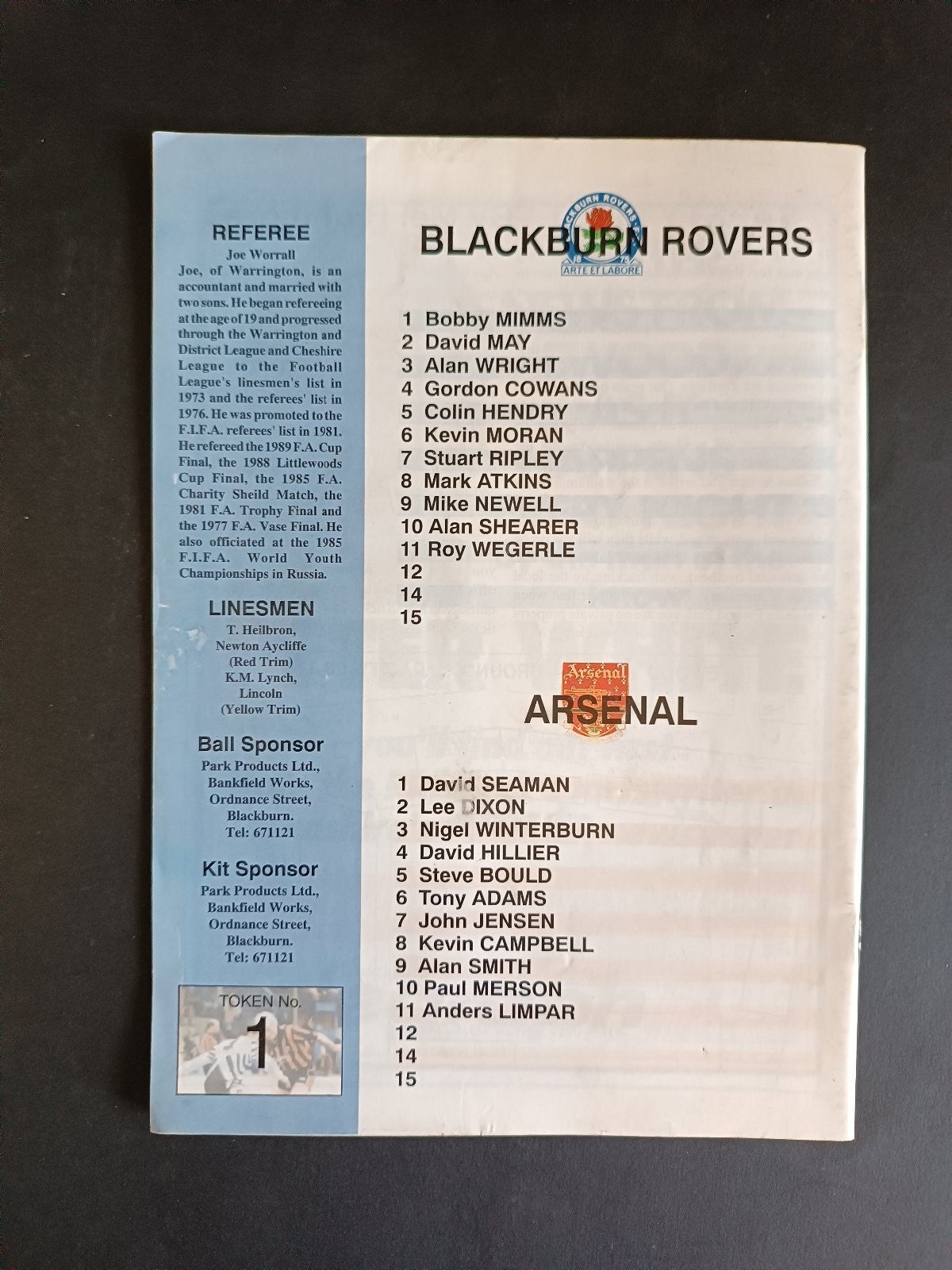 programma calcio Blackburn Rovers vs Arsenal 1992