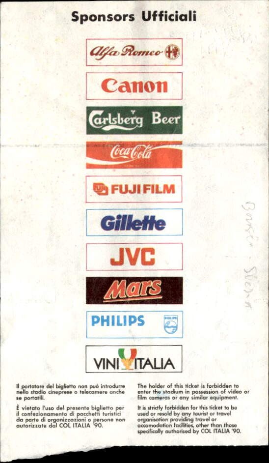 biglietto Ticket Coppa del Mondo Italia '90 Brasile-Svezia Torino 10/06/90(1(2)