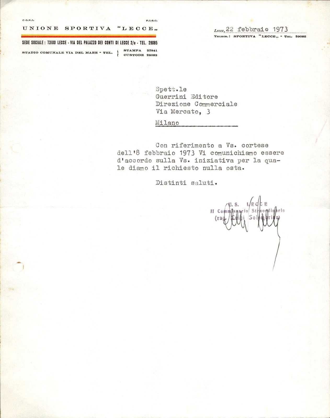 carta intestata societ� sportiva Calcio Lecce 1973 01
