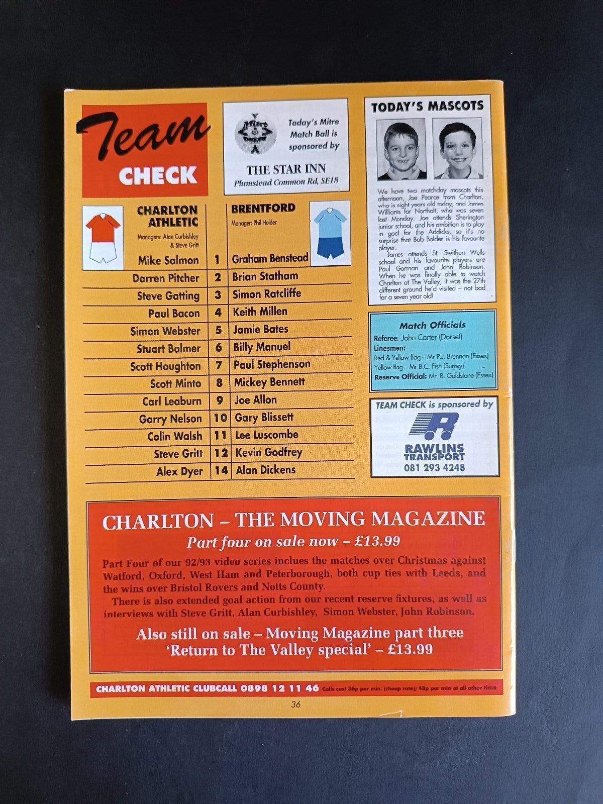 programma calcio Charlton Athletic vs Brentford 1993