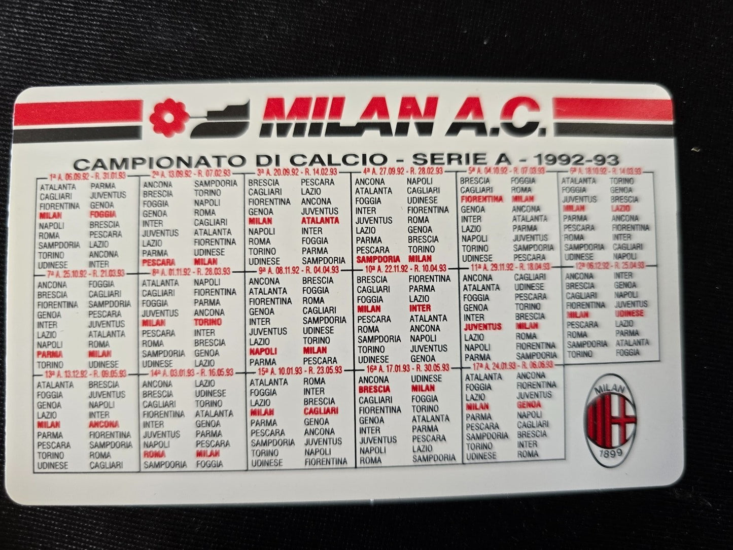 Calendarietto tascabile campionato 1992/93 Il Giorno AC Milan programma Coppe