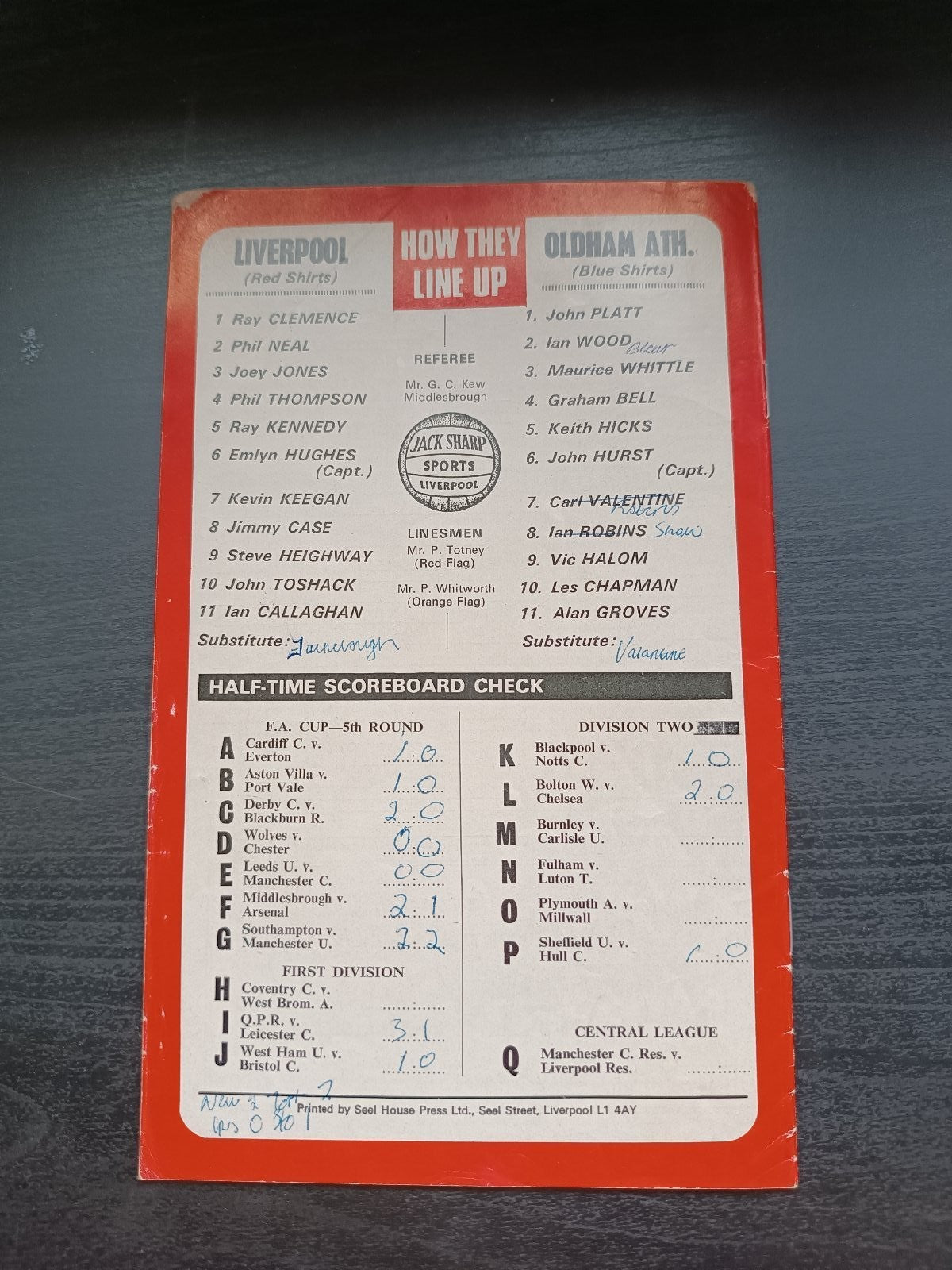 programma calcio Liverpool V Oldham Athletic 26th 1977