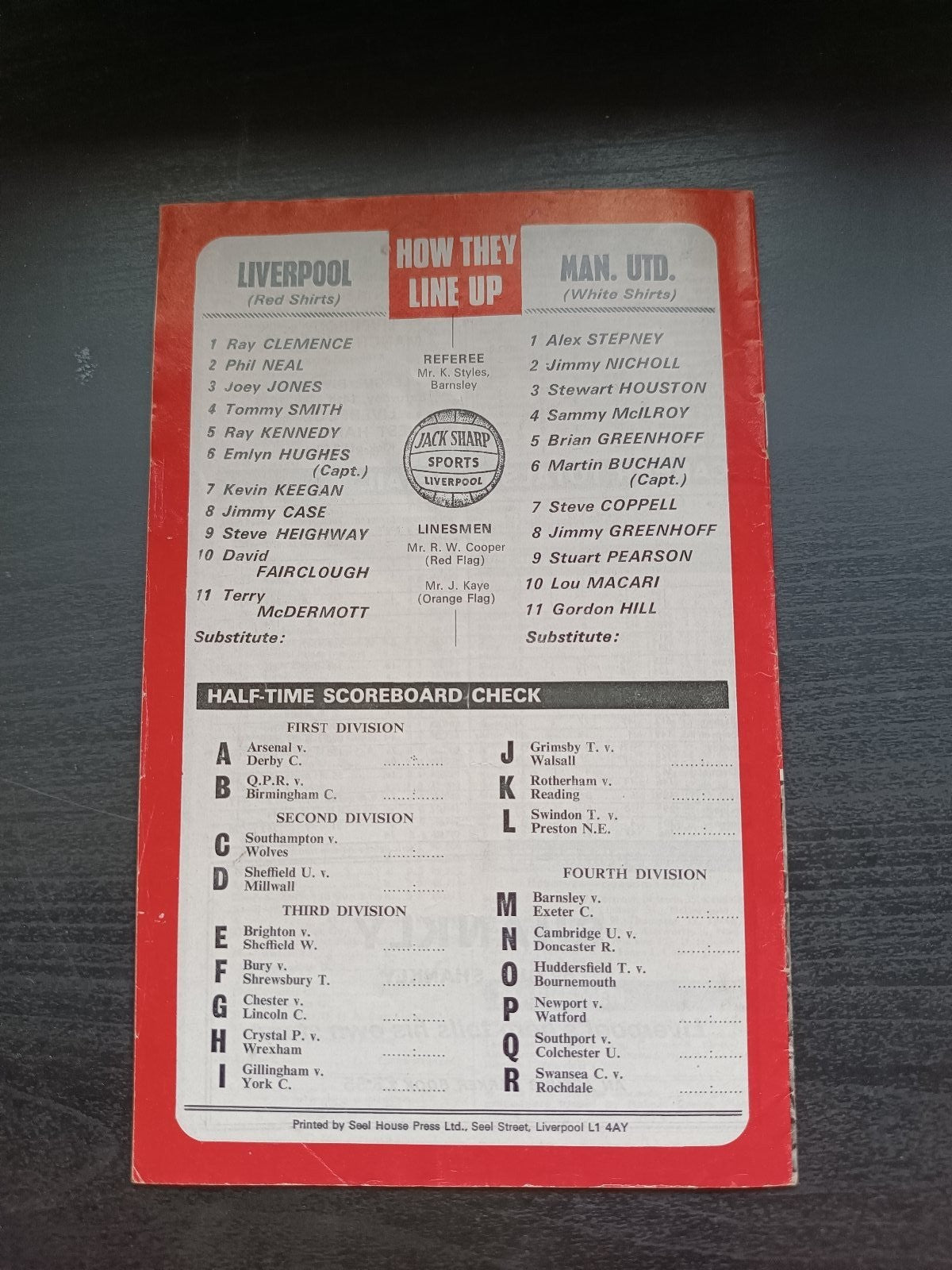 programma calcio Liverpool V Manchester Utd 3rd 1977