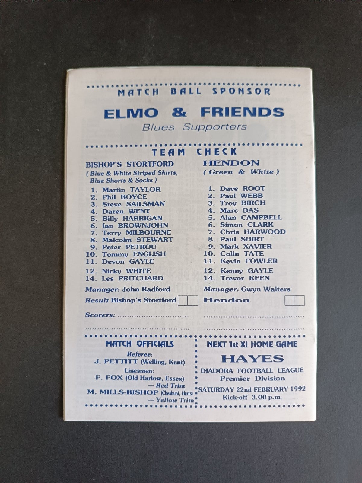 programma calcio Bishop's Stortford vs Hendon 1992