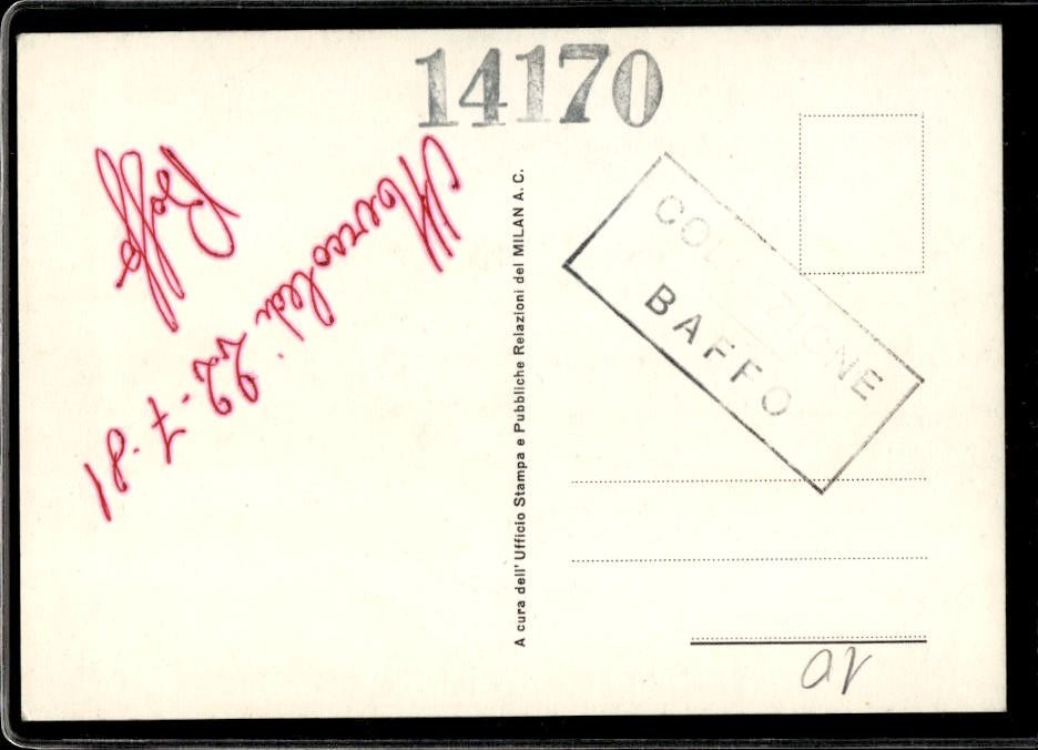 Cartolina Romano Fogli Milan con autografo stampato ufficio Stampa Milan