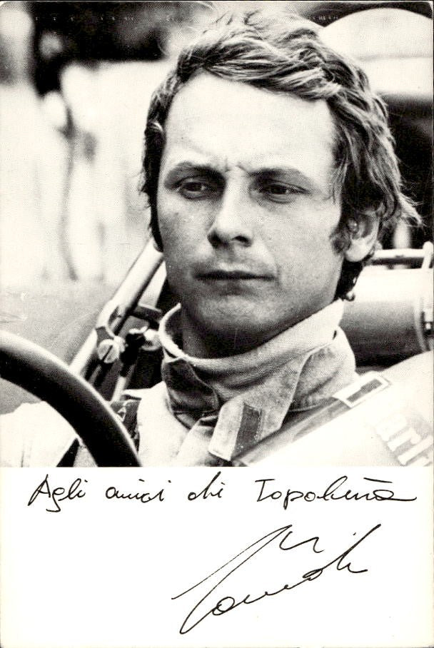 Cartolina Formula 1 Niki Lauda con autografo stampato per Topolino