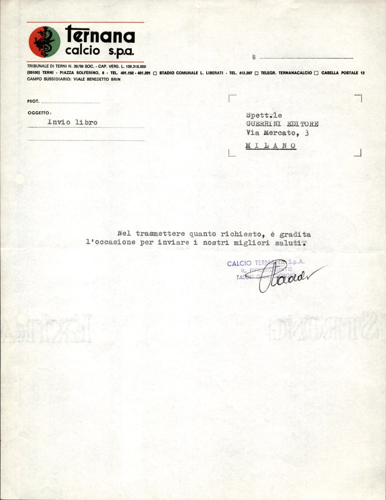 carta intestata societ� sportiva Calcio Ternana spa