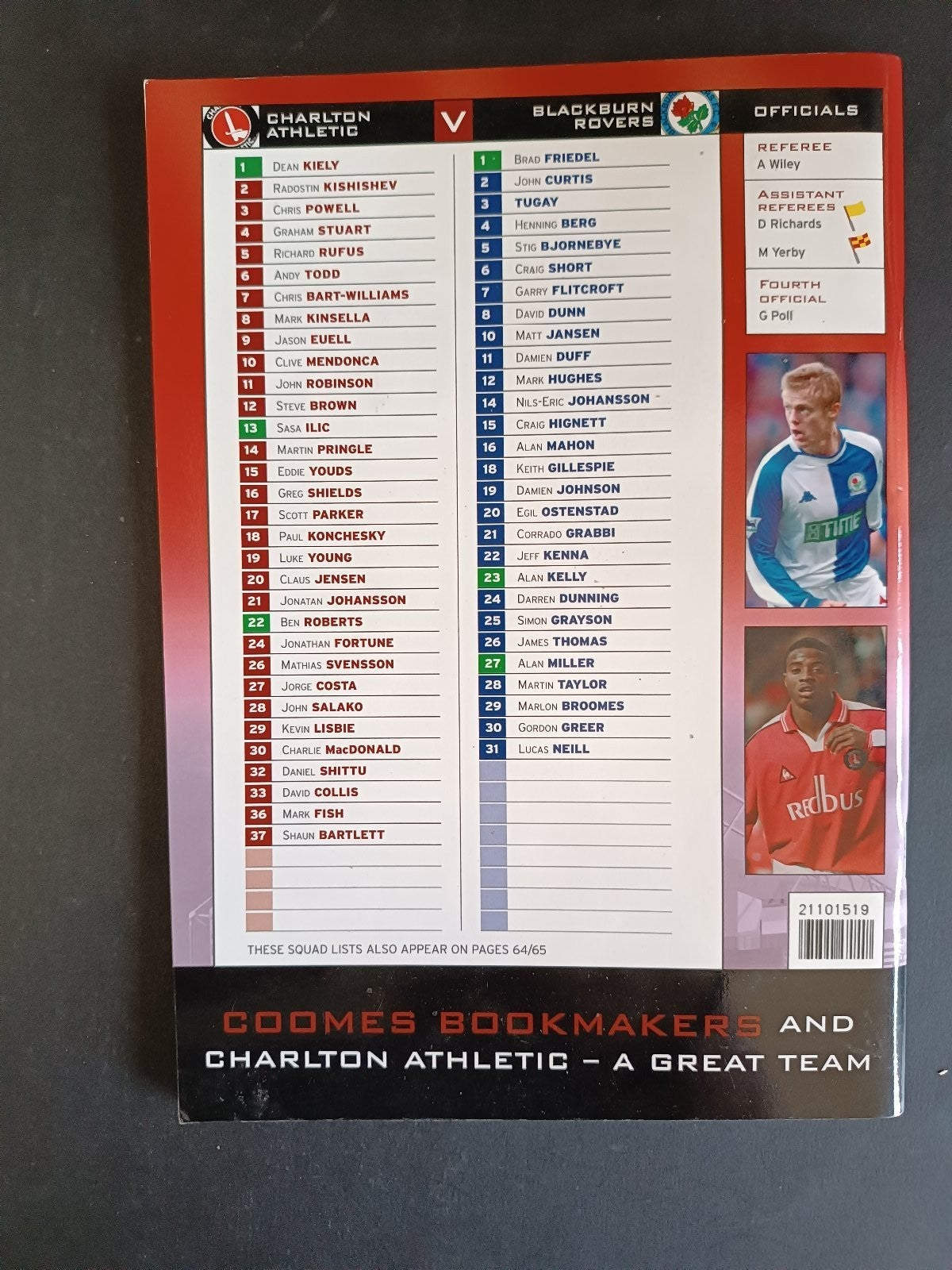 programma calcio Charlton Athletic vs Blackburn Rovers 01