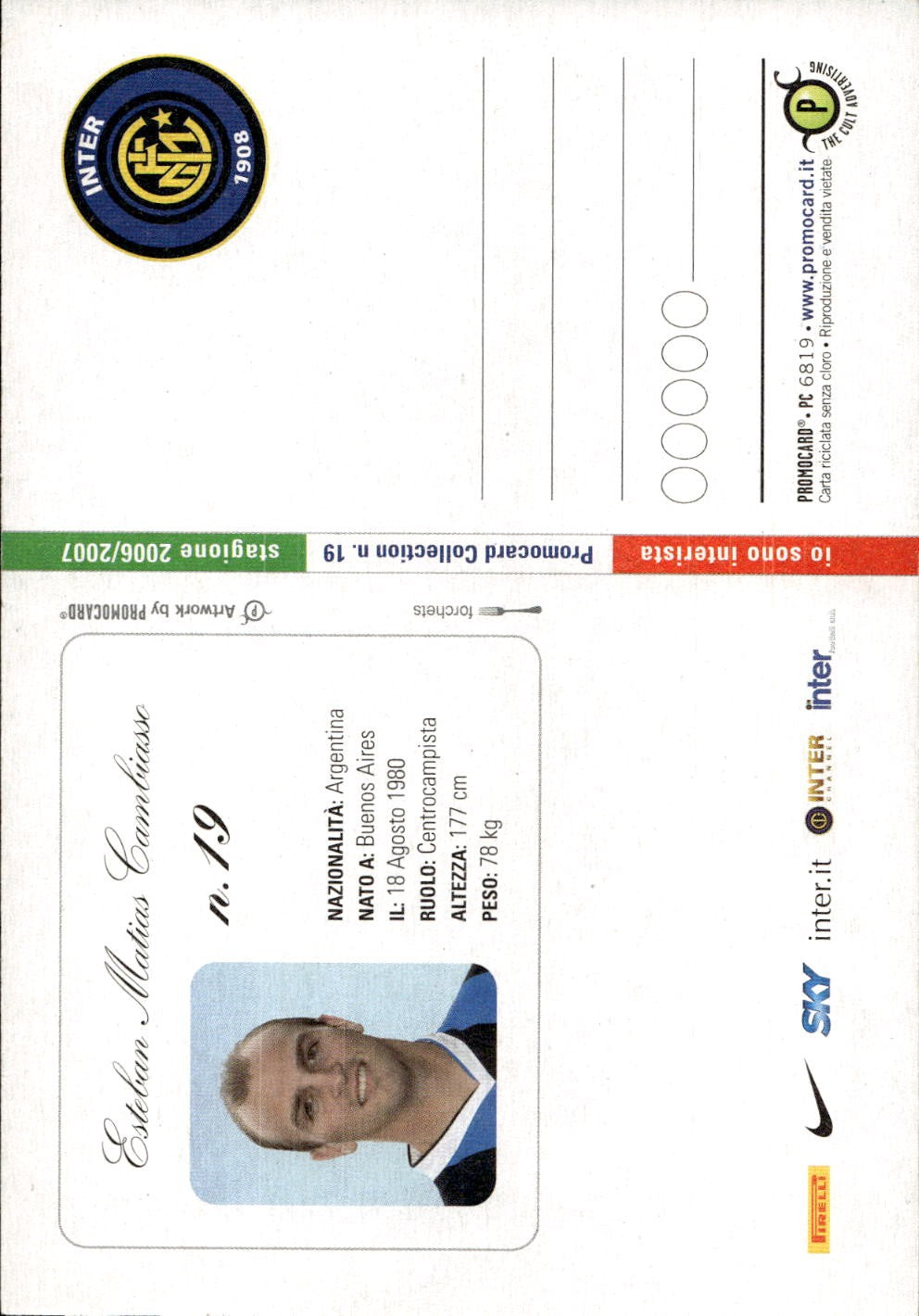 cartolina postcard Calcio Inter Promocard #6819 Cambiasso