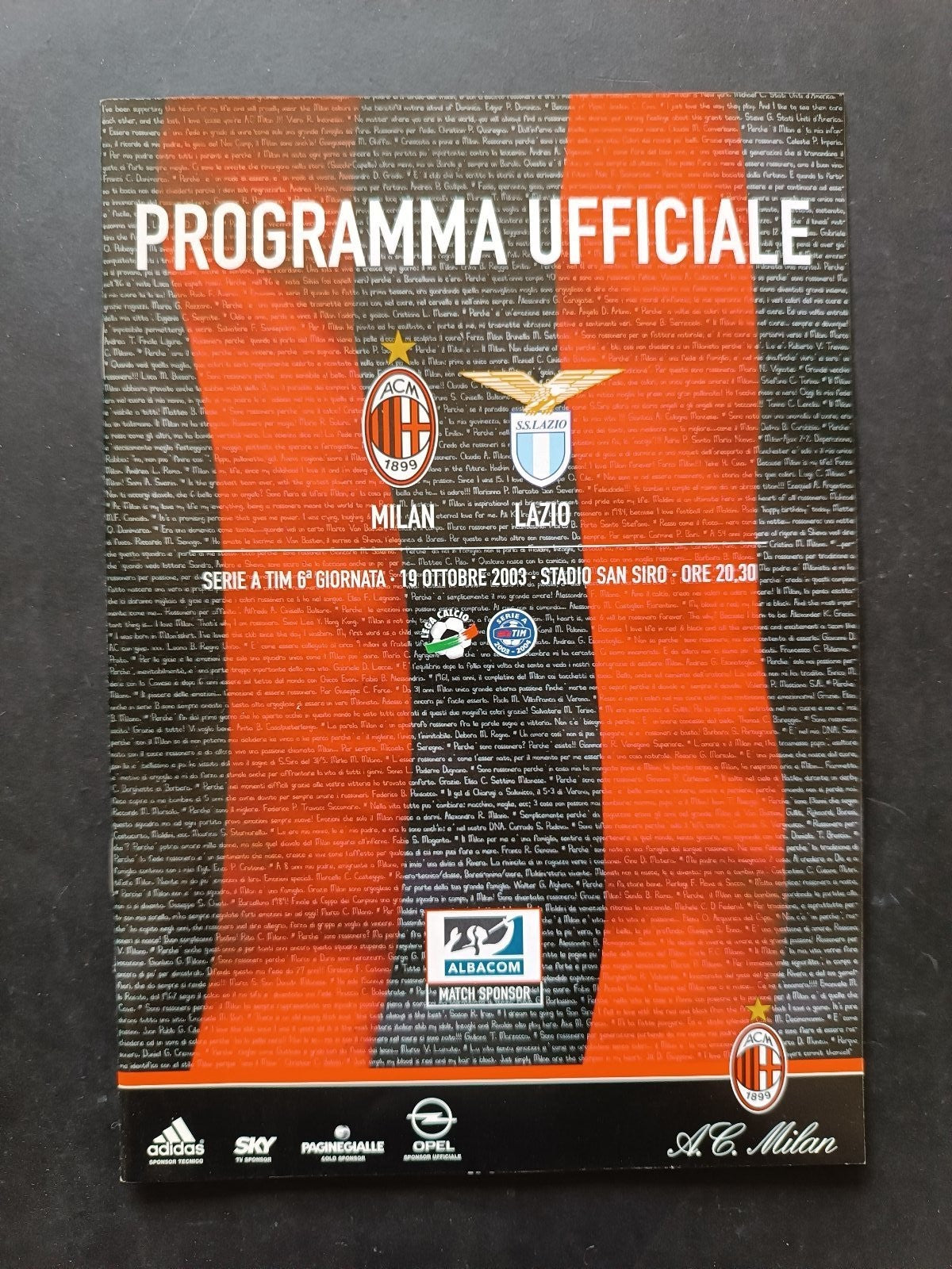 programma Ufficiale MILAN LAZIO 19 ottobre 2003
