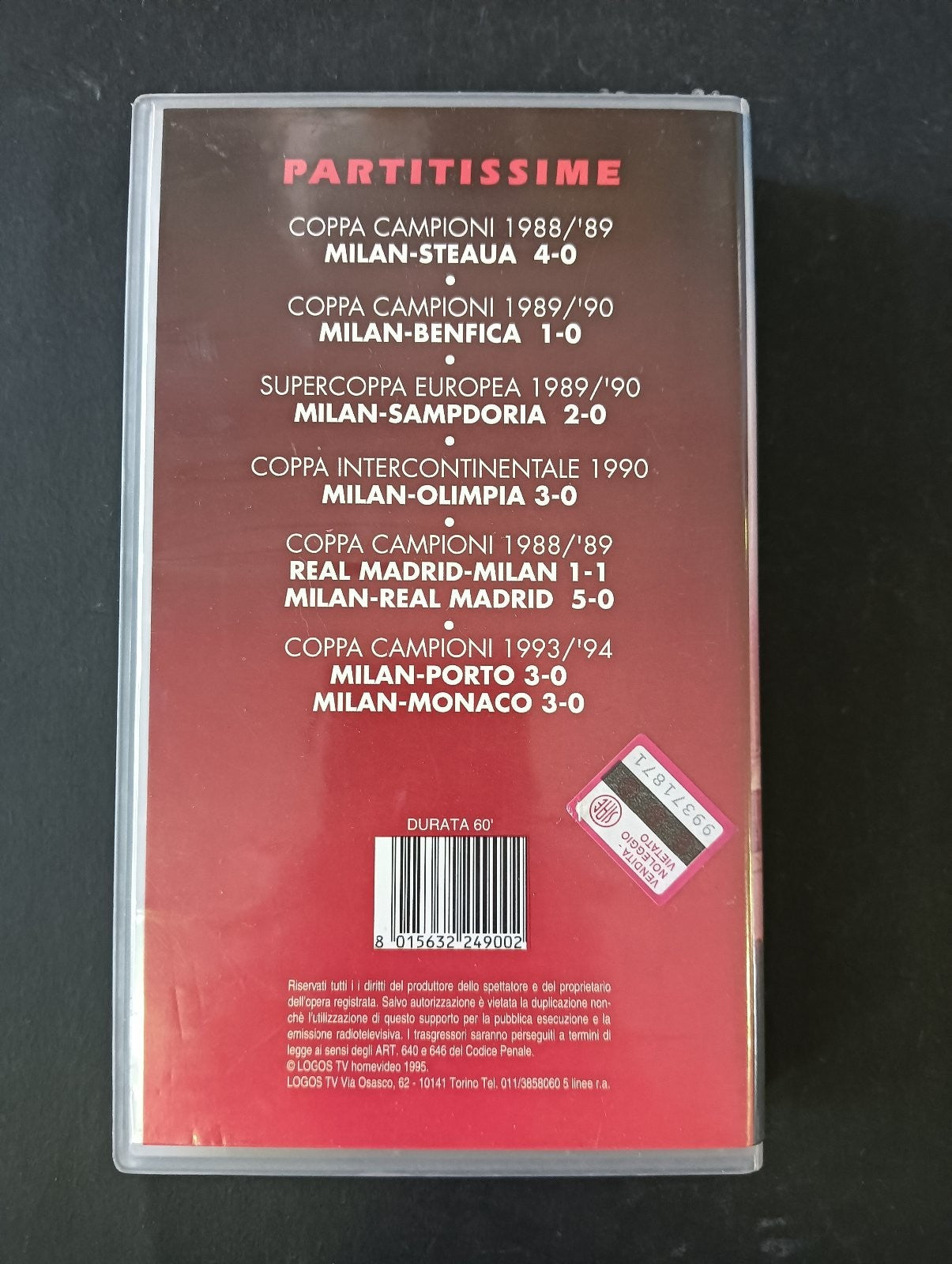 VHS FINALISSIMA COPPA CAMPIONI 1988-1989 MILAN-STEAUA 4-0 Logos Tv