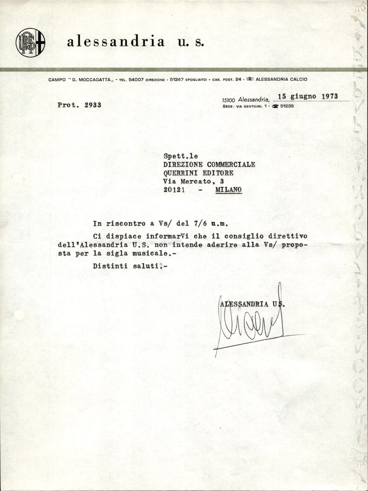 carta intestata societ� sportiva Alessandria u.s. 1973