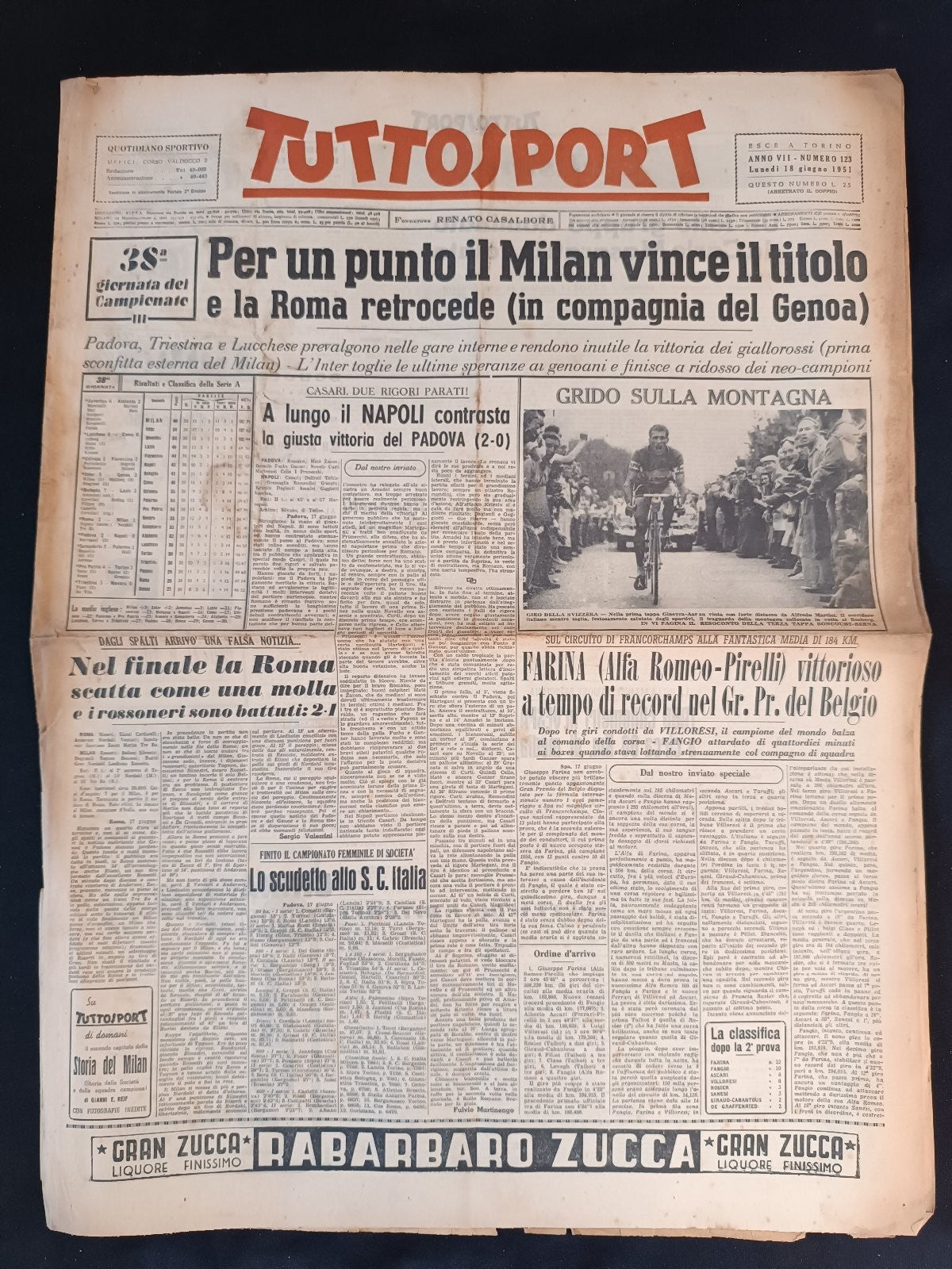 rivista TUTTO SPORT anno 1951 numero 123 Milan - Farina