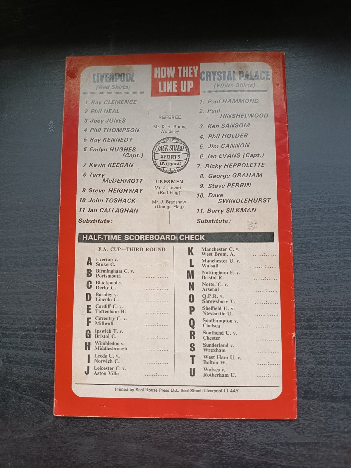 programma calcio Liverpool V Crystal Palce 8th 1977